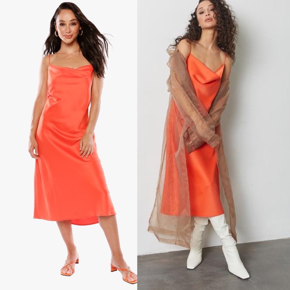 NWT Cara Santana CAN YOU LIGHTEN UP Orange Satin Slip Midi Dress XL